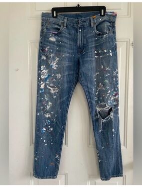Polo by Ralph Lauren Blue Distressed Boyfriend Jeans with Paint Splatter size 29